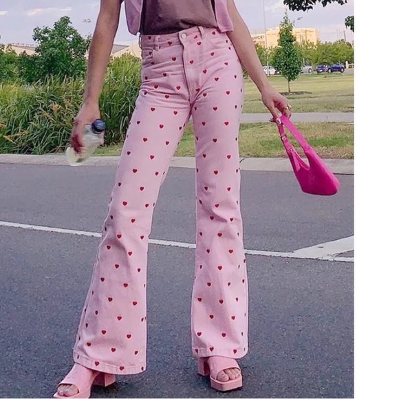 Heart pants bottoms trouser pink hearts flared womenâs - Picture 10 of 10
